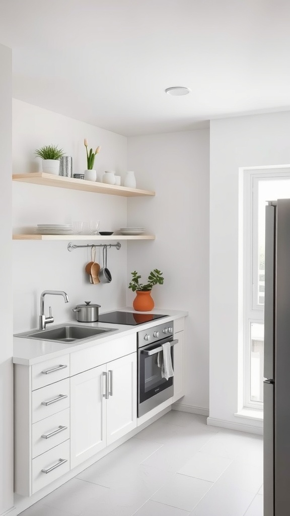 Minimalist small kitchen with white cabinets, open shelving, and plants