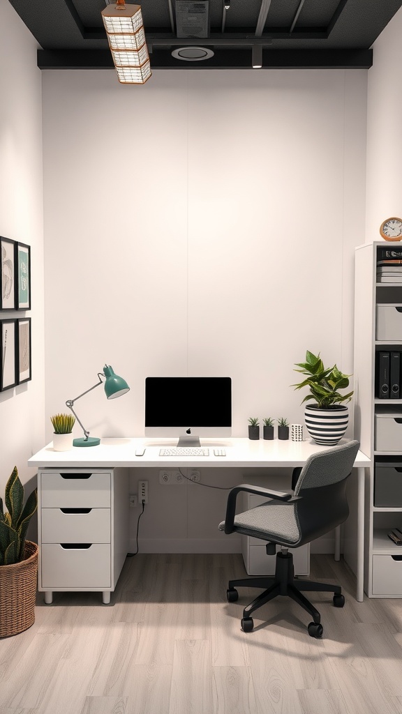 A minimalist small home office featuring a white desk, computer, lamp, and plants.