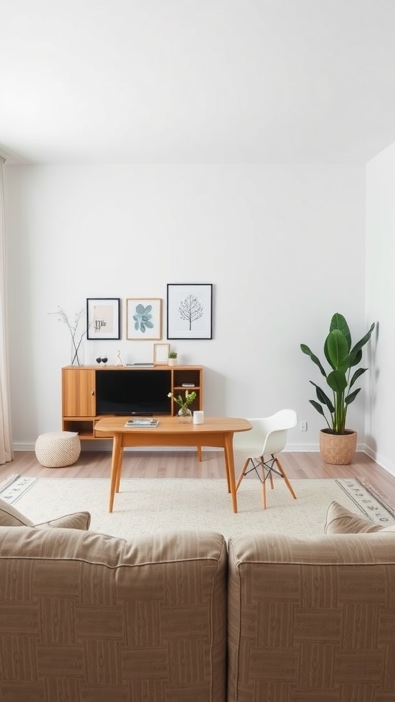 A minimalist small living room layout featuring a wooden coffee table, white chair, and a plant, designed for space efficiency.