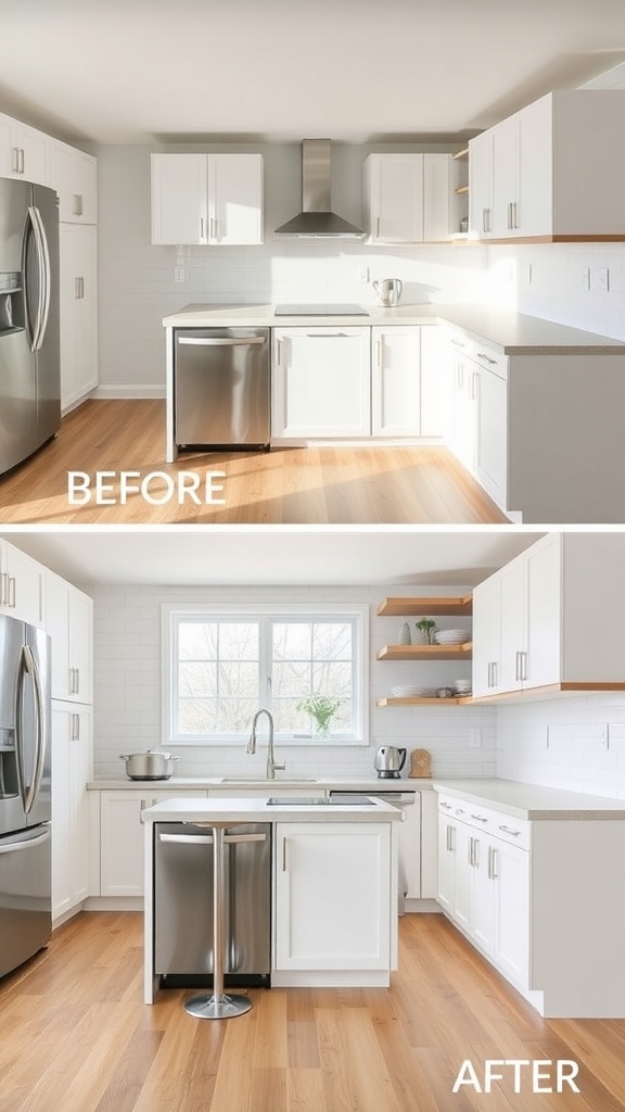 Before and after kitchen remodel showcasing minimalist design