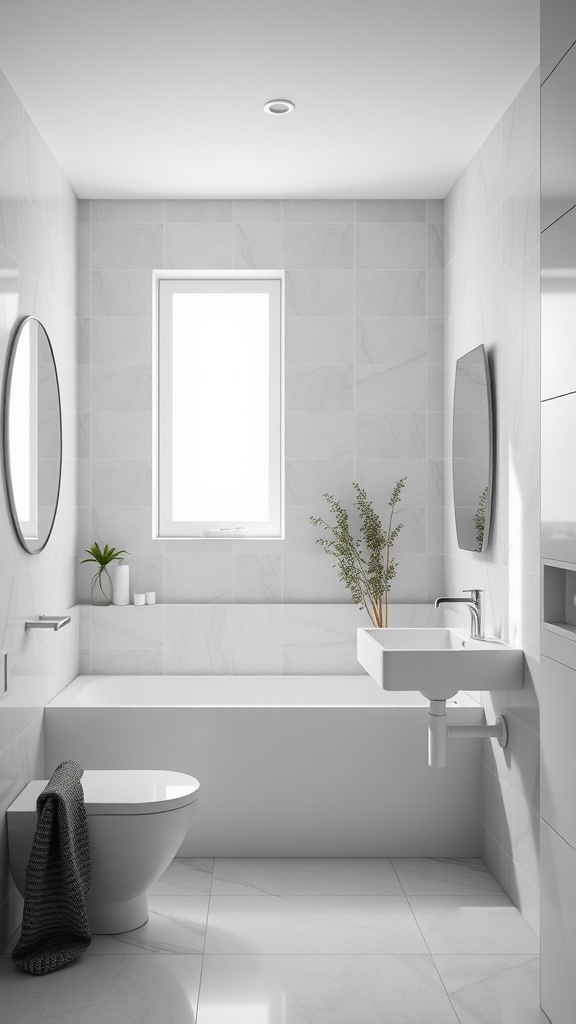 A modern minimalist bathroom with neutral tones, featuring a bathtub, sink, and greenery.