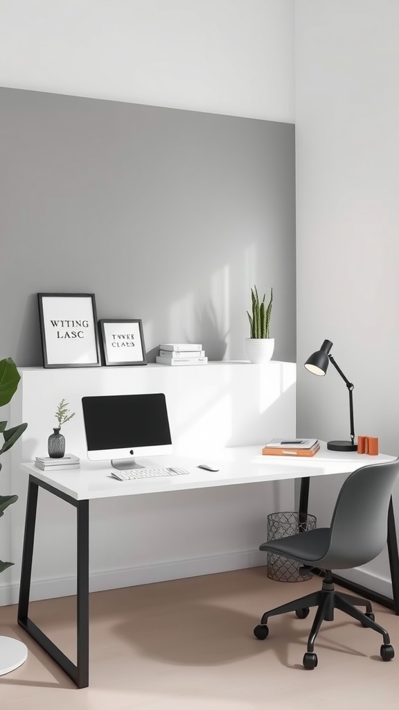 A minimalist double desk in a small home office with clean lines and modern design.