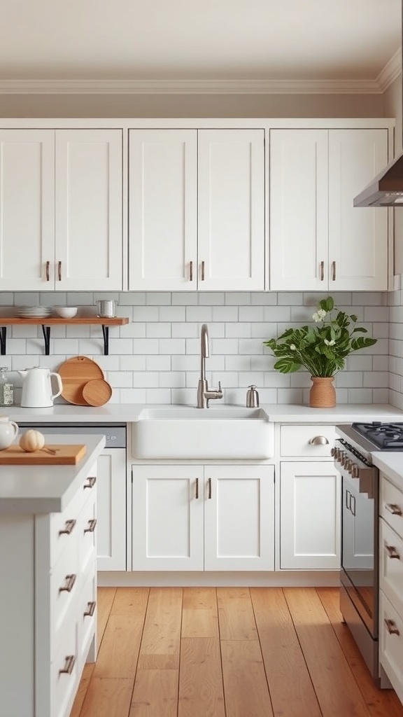 Minimalist farmhouse kitchen with white cabinets, open shelving, and a natural wood floor.