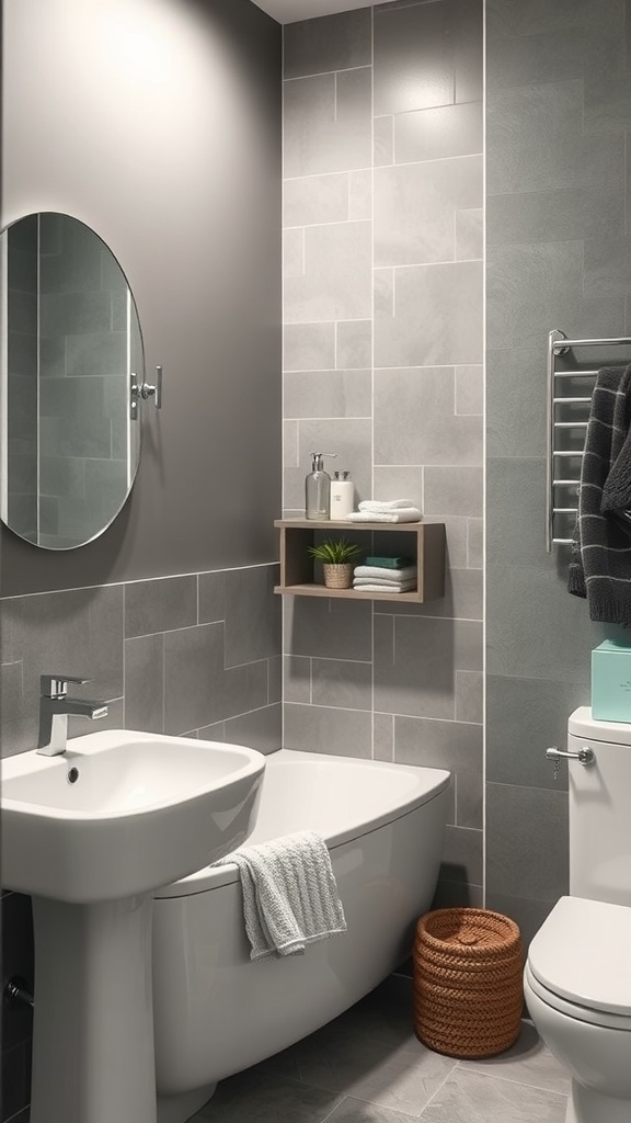 A minimalist gray bathroom with sleek tiles, a freestanding bathtub, and modern accessories.