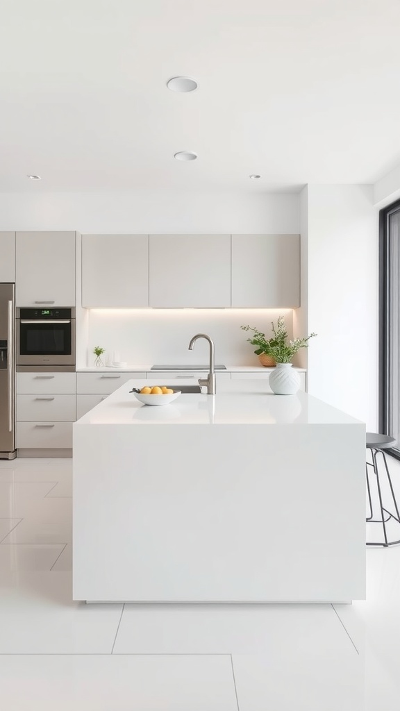 A modern minimalist kitchen with a white island featuring clean lines and a sleek sink.