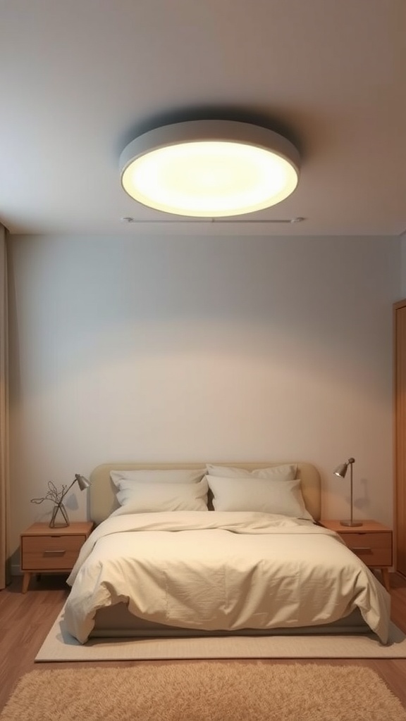 Minimalist LED ceiling fixture illuminating a modern bedroom with a neatly made bed and wooden nightstands.