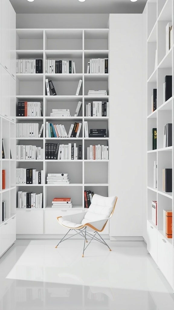 A minimalist library featuring white shelves filled with books and a modern chair