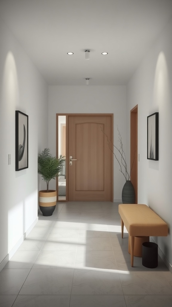 A minimalist entrance hallway with subtle lighting, featuring a bench, potted plants, and artwork.