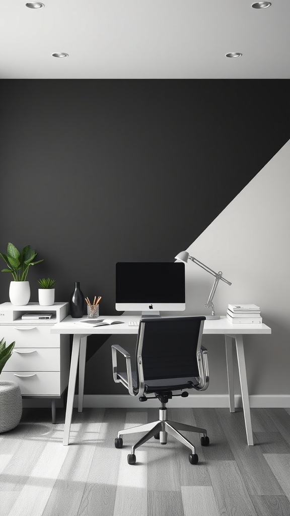 A minimalist office with a black accent wall, white desk, and modern chair, featuring plants and a computer.