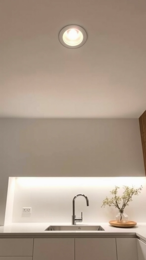 Minimalist recessed lighting above a modern kitchen sink with clean lines.