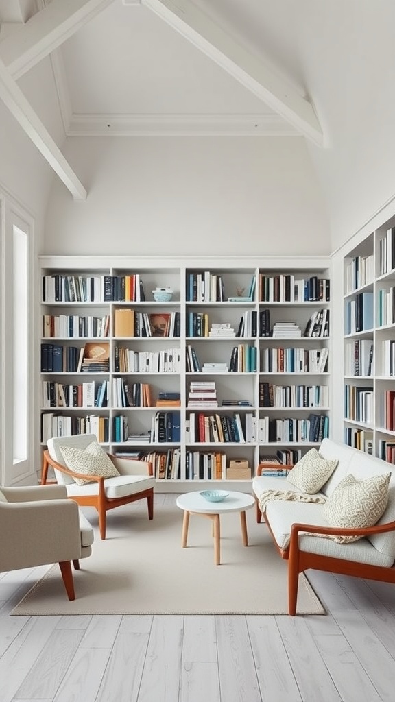 Minimalist Scandinavian library with white bookshelves, cozy seating area, and a small coffee table.