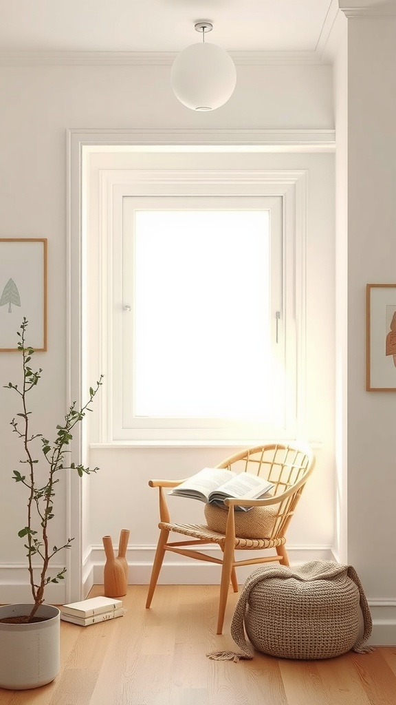 A minimalist Scandinavian reading nook featuring a rattan chair, a small plant, light wooden flooring, and soft natural light coming through a window.