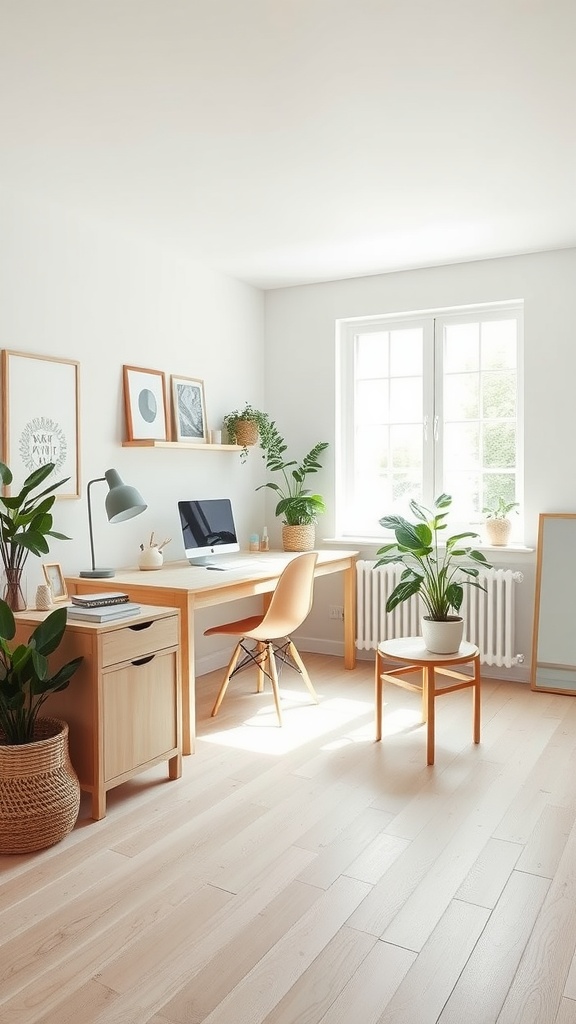 A minimalistic Scandinavian home office with light wood furniture, plants, and a computer by a sunny window.