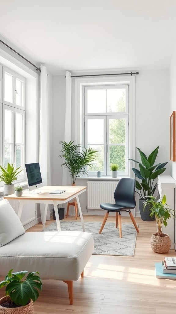 A minimalist Scandinavian workspace featuring a desk, chair, plants, and a comfortable sofa.