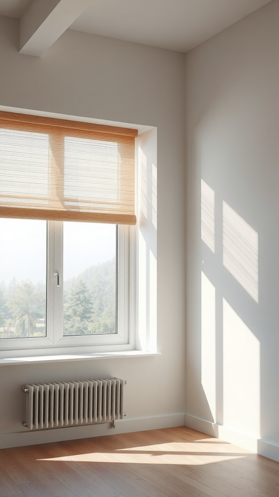 A minimalist window with light-colored roller shades, softly diffusing sunlight into a room, showcasing a clean and modern interior design.