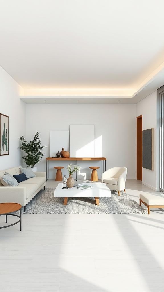 A minimalist living room-dining room combo featuring a neutral color scheme, comfortable furniture, and natural elements.