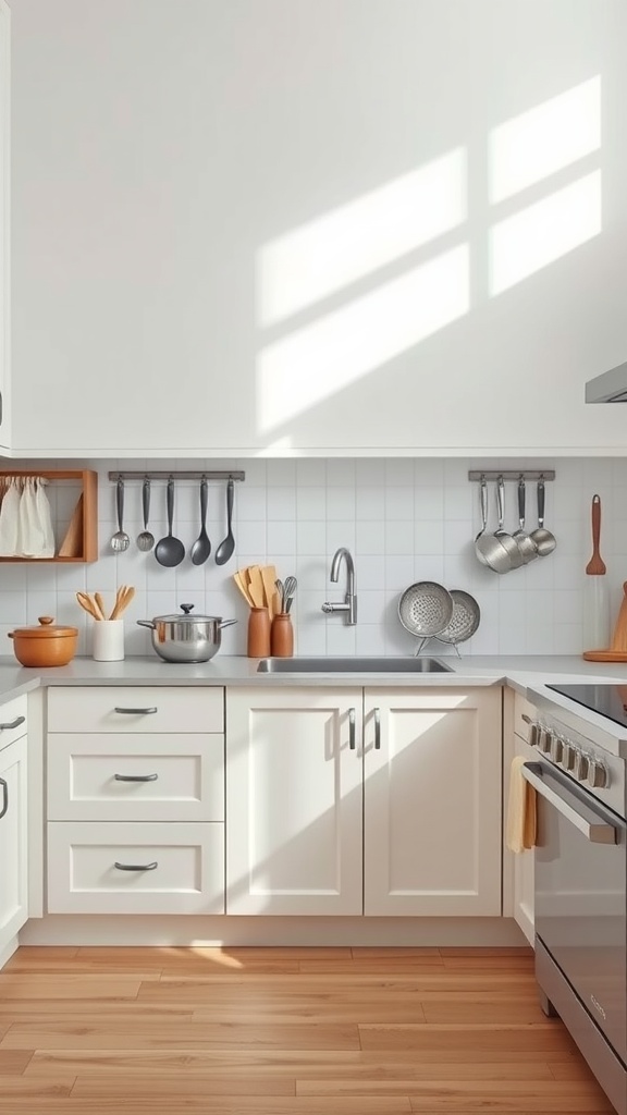 A minimalistic tiny kitchen with white cabinets, a clean countertop, and neatly arranged utensils.