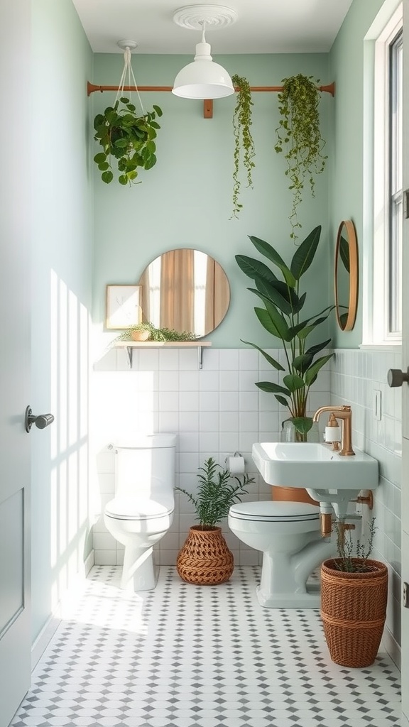 A small bathroom painted in mint green with plants and modern fixtures