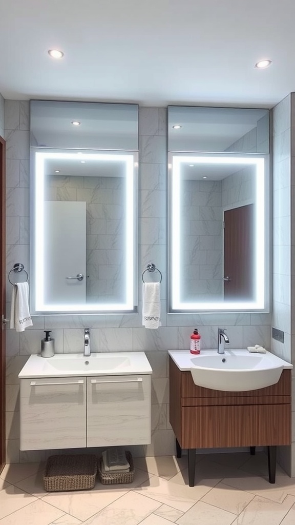 Modern bathroom with mirrored cabinets featuring integrated lighting