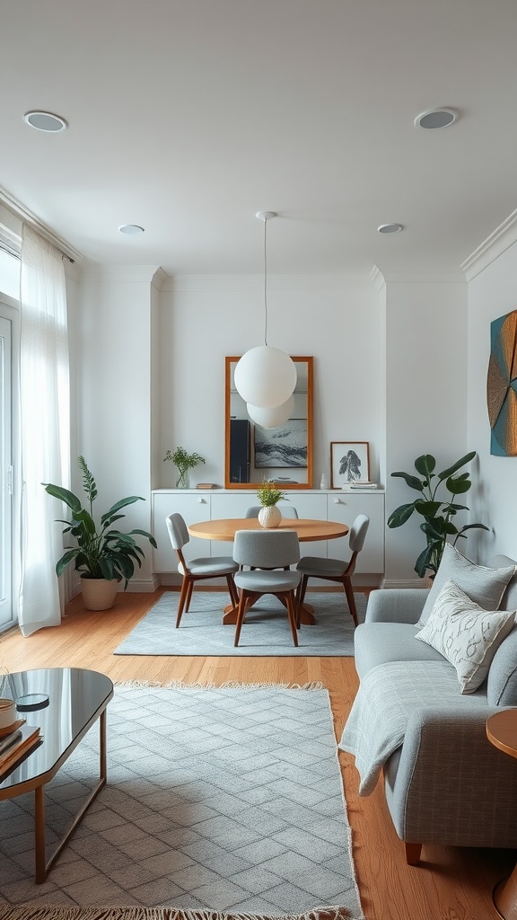 Small living room with a round wooden dining table, plants, and a mirror creating an illusion of space.