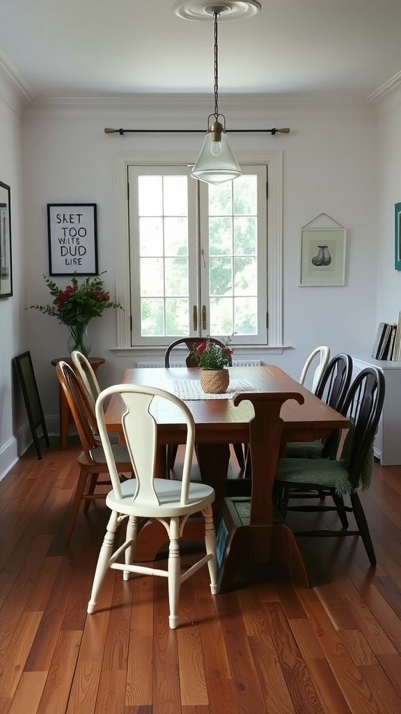 A cozy dining room with a wooden table surrounded by mismatched chairs in various colors and styles.