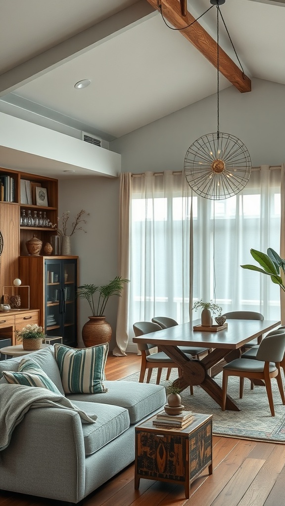 A stylish living room and dining room combo featuring a gray sofa, striped cushions, wooden dining table, and plants.