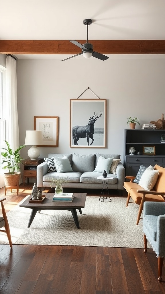 Living room with a mix of modern and vintage furniture, featuring a light blue sofa, wooden chairs, and a black-and-white artwork on the wall.