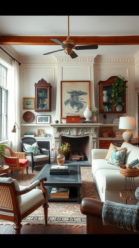 Cozy living room decor featuring a mix of vintage and modern elements with a fireplace and plants