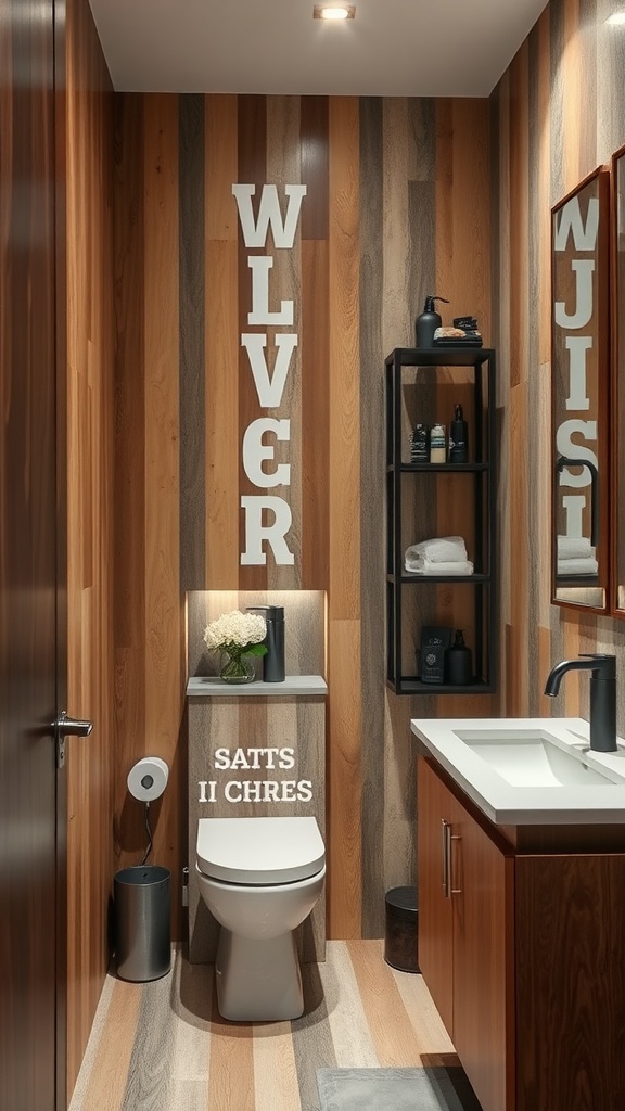 Small transitional bathroom featuring a mix of wood and metal textures