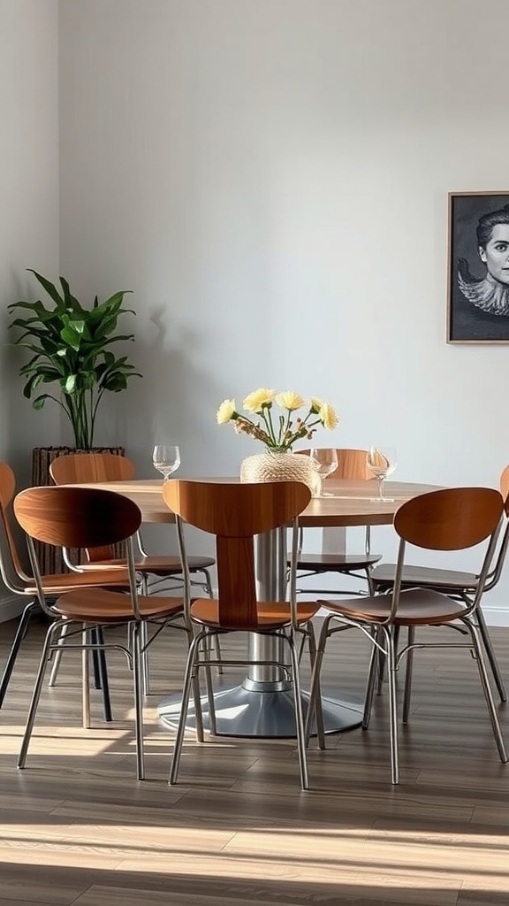 A dining area with mixed material chairs around a round table, featuring wooden and metal designs.