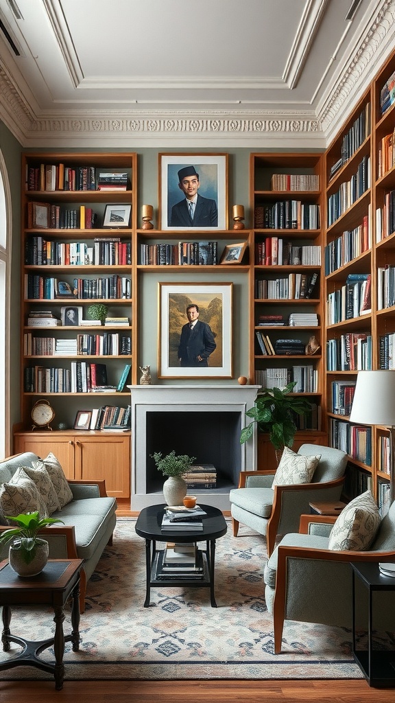 Cozy home library with wooden shelves, books, and comfortable seating.