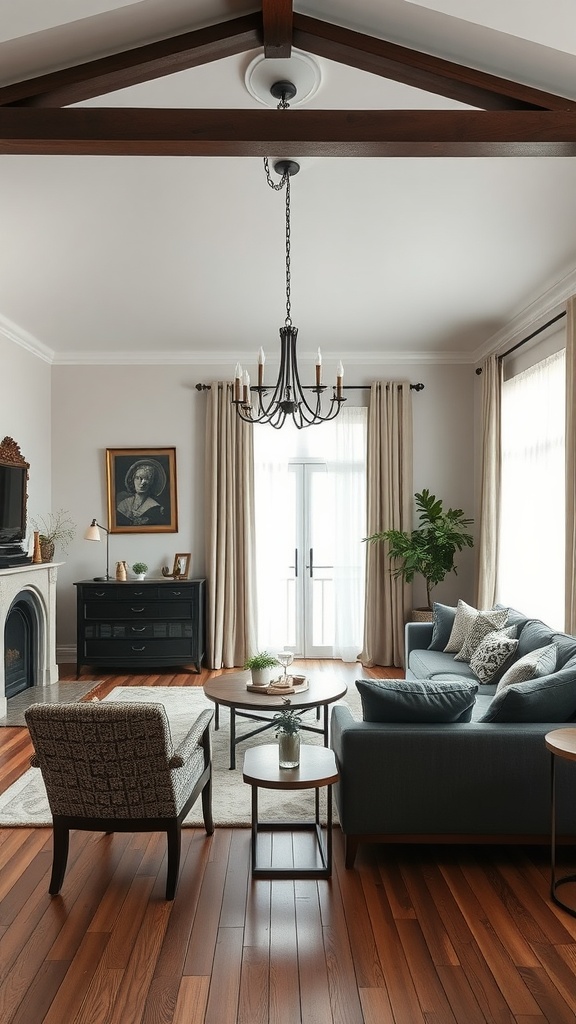 A modern farmhouse living room featuring a mix of modern and antique furniture, highlighting a cozy and inviting atmosphere.