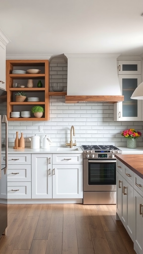 Modern farmhouse kitchen with white cabinets and wooden shelves.