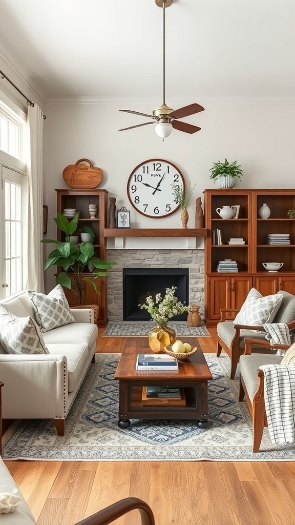 A cozy farmhouse living room featuring modern and vintage furniture, decorated with plants and a large wall clock.
