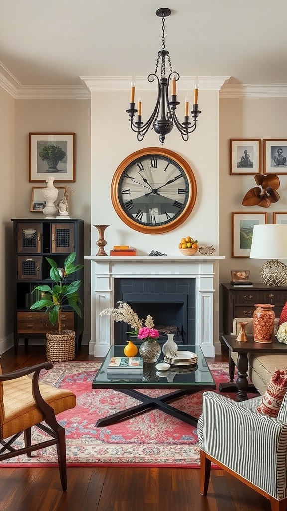 A cozy living room featuring a mix of old and new decor elements, including a chandelier, large round clock, and various textures.