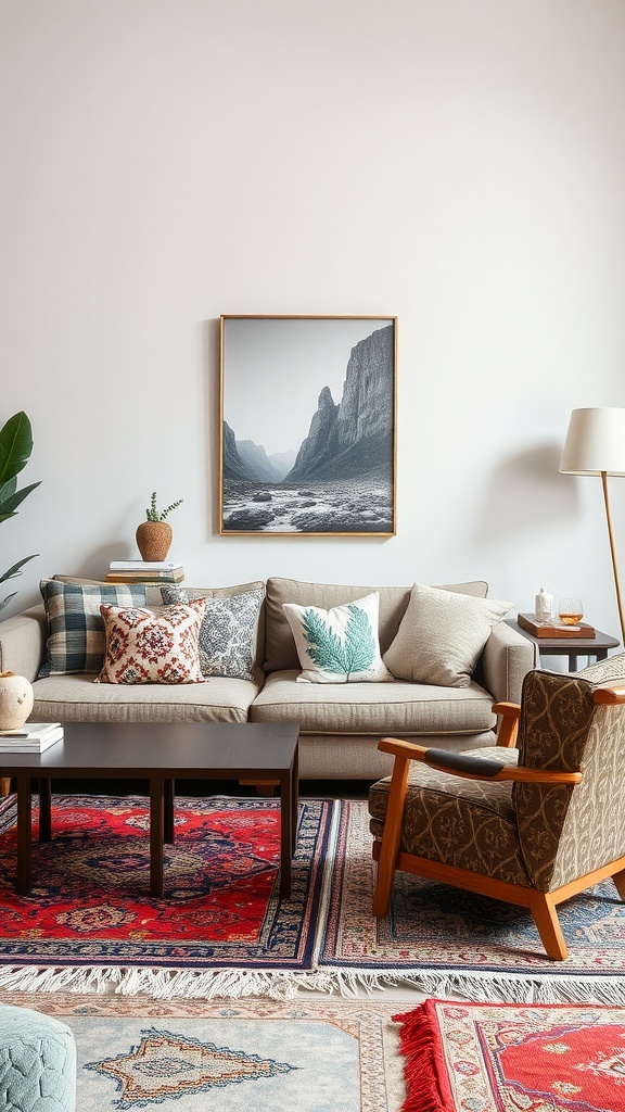 A cozy living room with patterned pillows on a beige sofa, colorful rugs, and a mountain landscape painting on the wall.