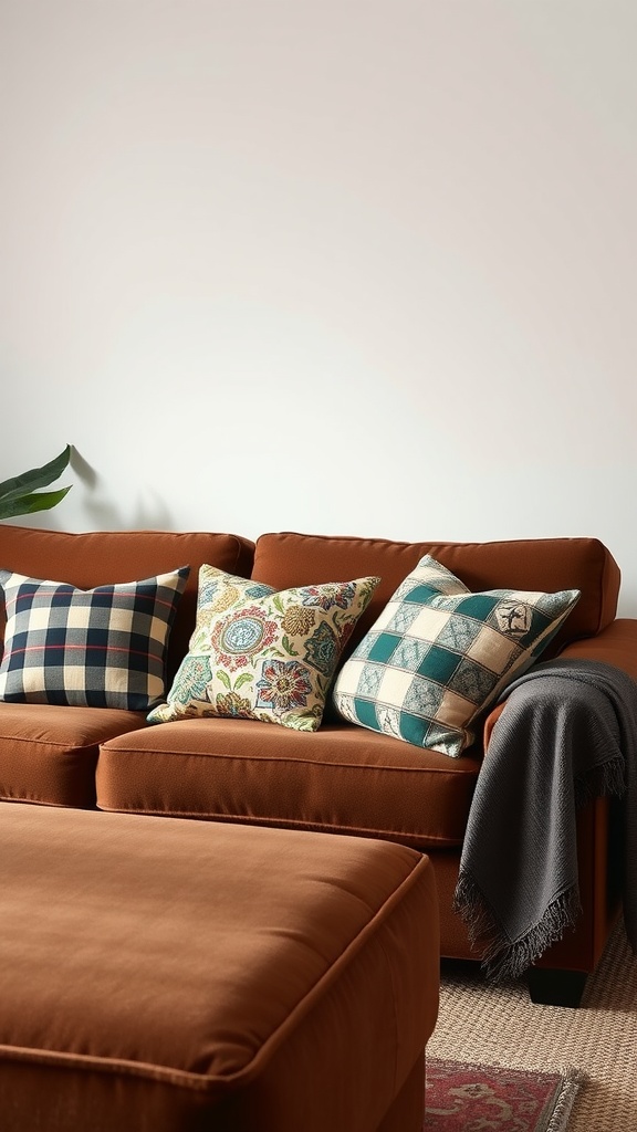 A cozy brown couch with decorative pillows in various patterns