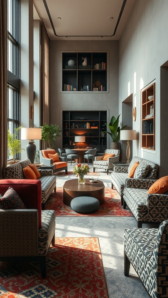 A stylish living room featuring patterned chairs, warm cushions, and a cozy atmosphere.