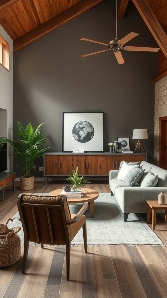 A modern farmhouse living room featuring high wooden beams, a grey sofa, a round coffee table, and a potted plant.