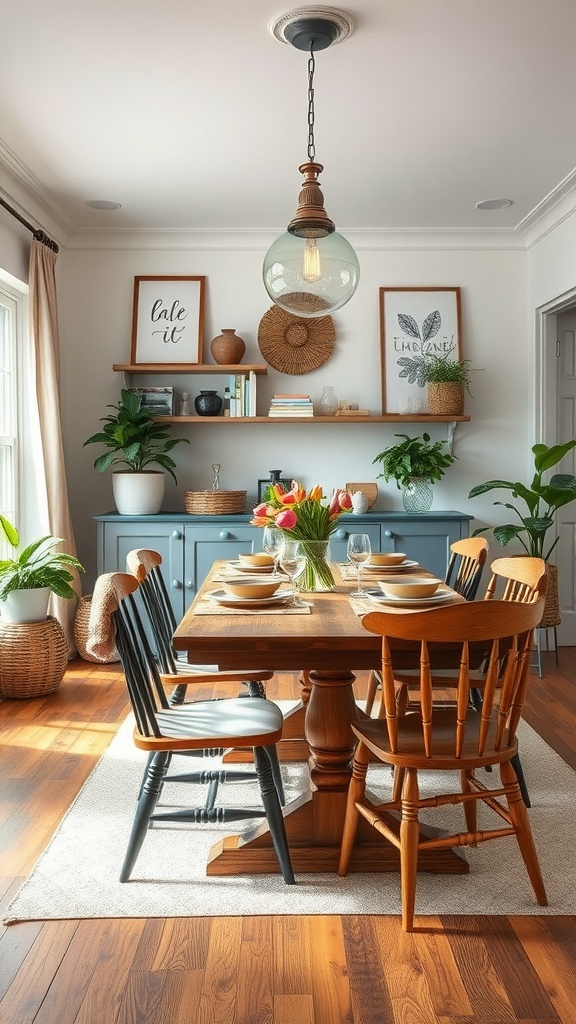 A modern farmhouse dining room featuring a wooden table, mismatched chairs, indoor plants, and simple decor.