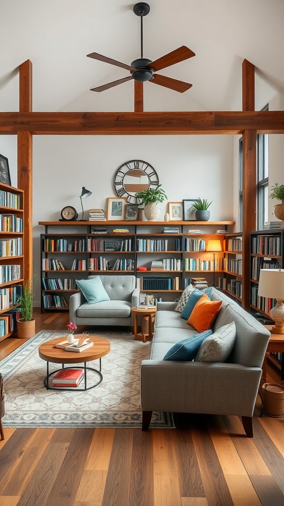 A cozy modern farmhouse library with wooden beams, gray furniture, colorful pillows, and shelves filled with books.