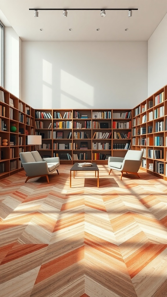 A modern library featuring a geometric chevron-patterned rug, wooden bookshelves, and cozy seating.