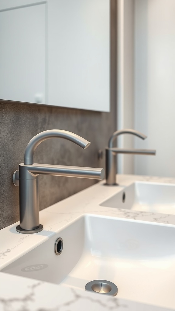 A close-up view of modern gray faucets over a white sink in a stylish bathroom.