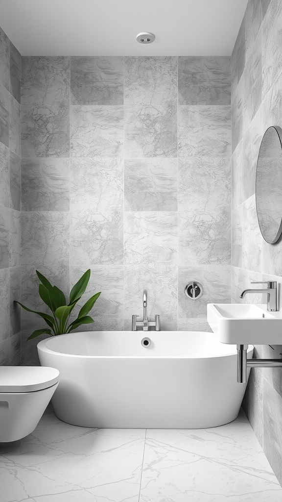 Modern bathroom with gray wallpaper, a white bathtub, and a green plant