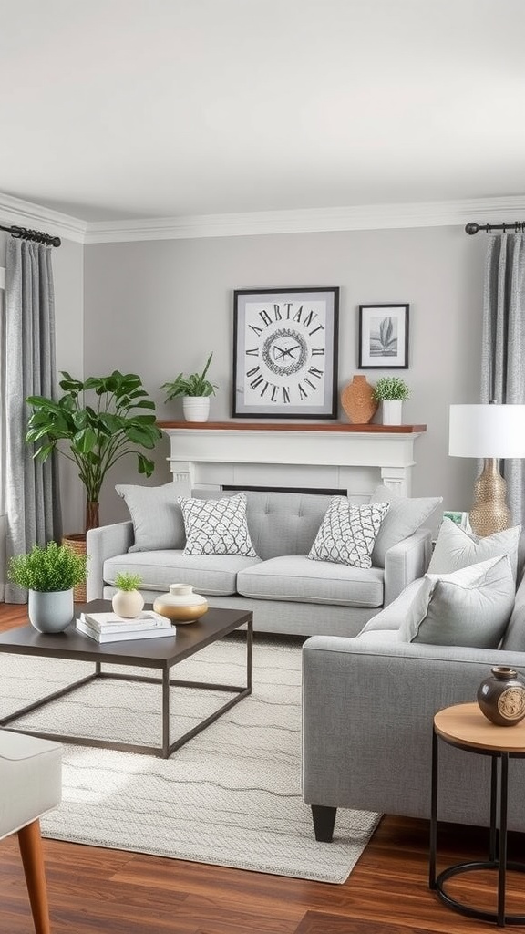 Cozy modern grey living room with plush sofa, decorative pillows, and plants