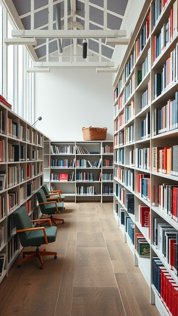 A modern library with tall shelves filled with books, green chairs, and ample natural light.