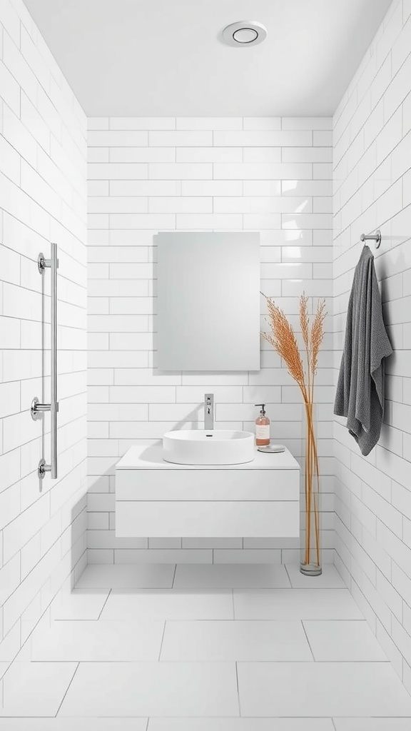 Modern minimalist guest bathroom with white tiles, floating vanity, and natural decor.