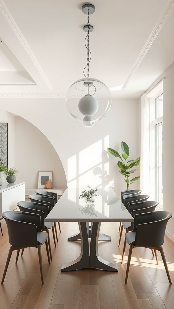 A modern dining room with a sleek table, dark chairs, and a minimalist pendant light.