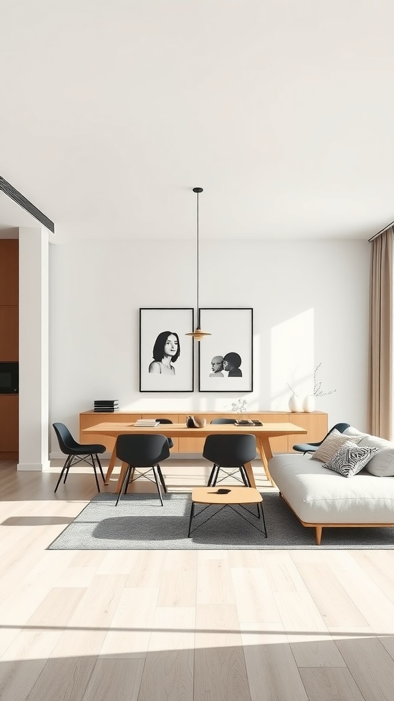 A modern minimalist living room dining room combo featuring a wooden dining table, black chairs, and a comfortable sofa.