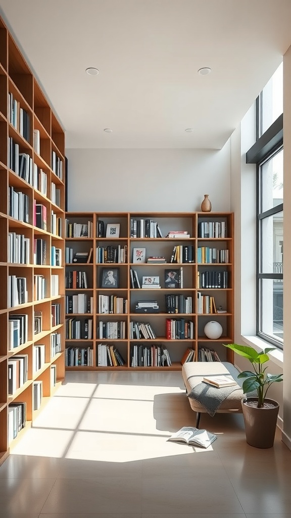 A modern minimalist library featuring wooden shelves filled with books, a comfortable chair, and a plant near a large window.